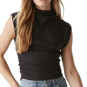 Michael Stars Amara Mock Neck Ribbed Power Shoulder Cropped Top in Black, EUC!